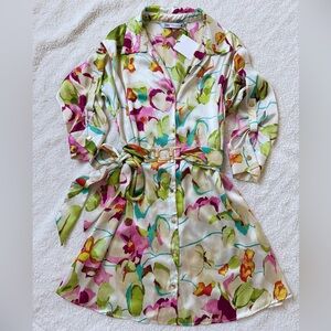 NWT Zara Floral Watercolor Shirt Mini Dress Gold Buckle Belt Tropical Summer